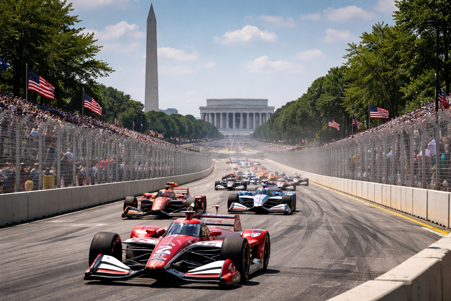 Freedom 250 Grand Prix race cars speeding past the National Mall in Washington DC