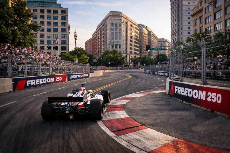 Technical corner section of the Freedom 250 IndyCar street circuit near Ninth Street in Washington DC.