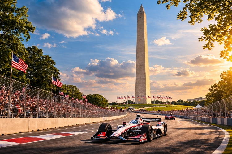 Washington Monument overlooking the Freedom 250 IndyCar race course on the National Mall in Washington DC.
