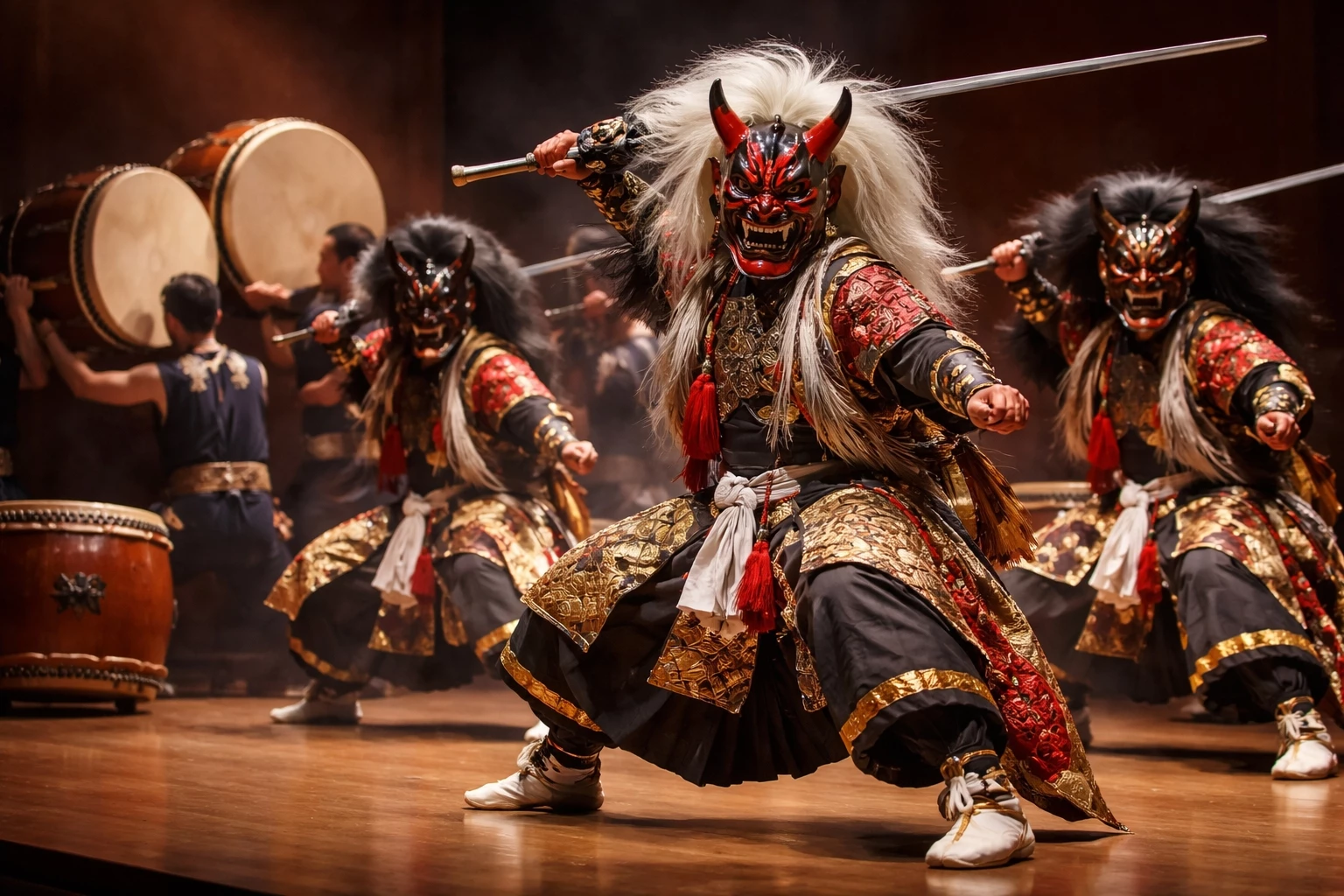 Traditional Futago Oni Kenbai Japanese demon dance performance with masked dancers and ceremonial costumes representing a historic folk dance appearing in Washington DC.