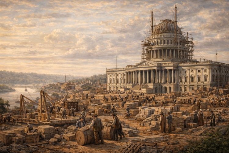 George Washington negotiating land for the future capital city along the Potomac River in 1791