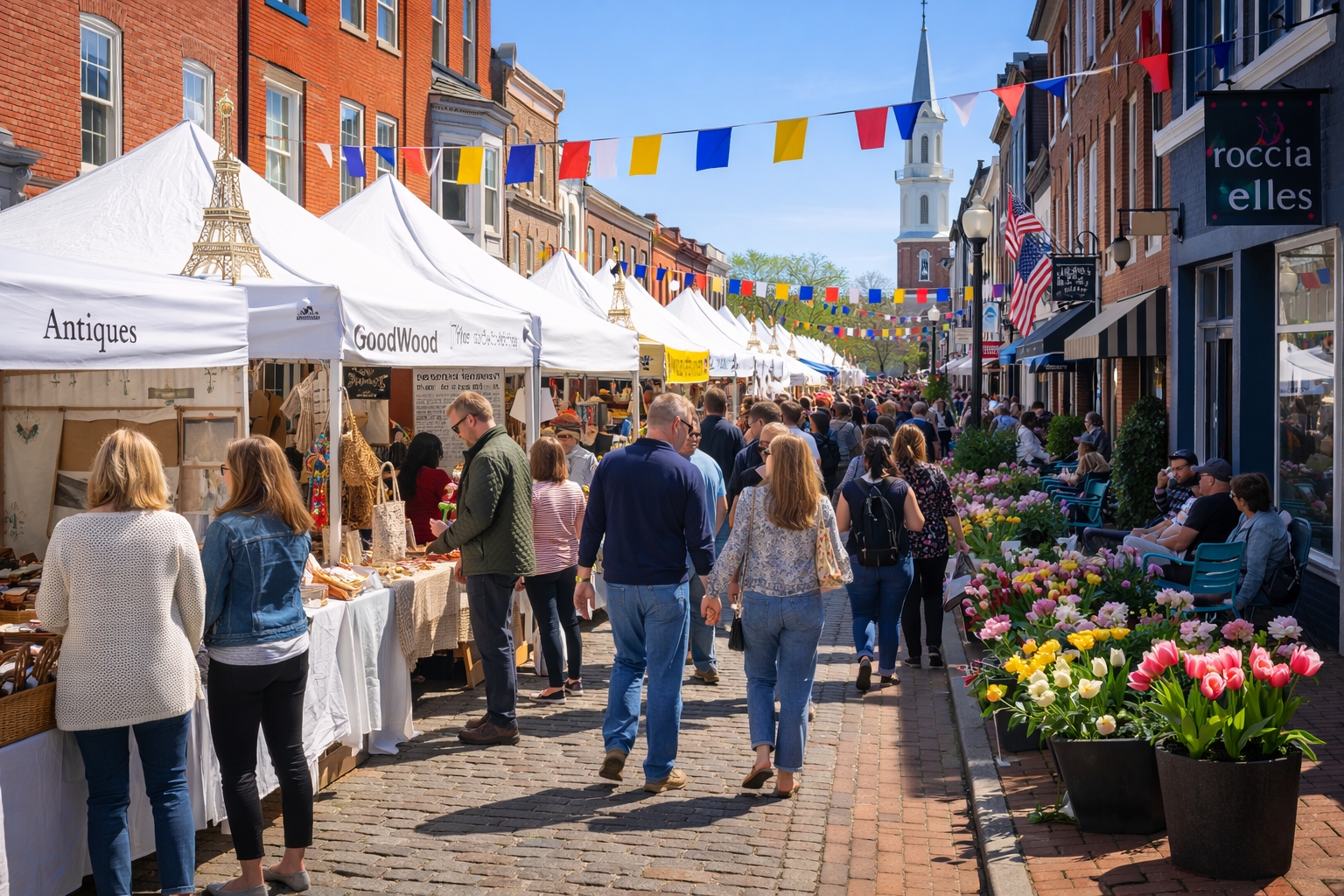 Visitors browsing stalls during the Georgetown French Market spring festival in Washington DC.