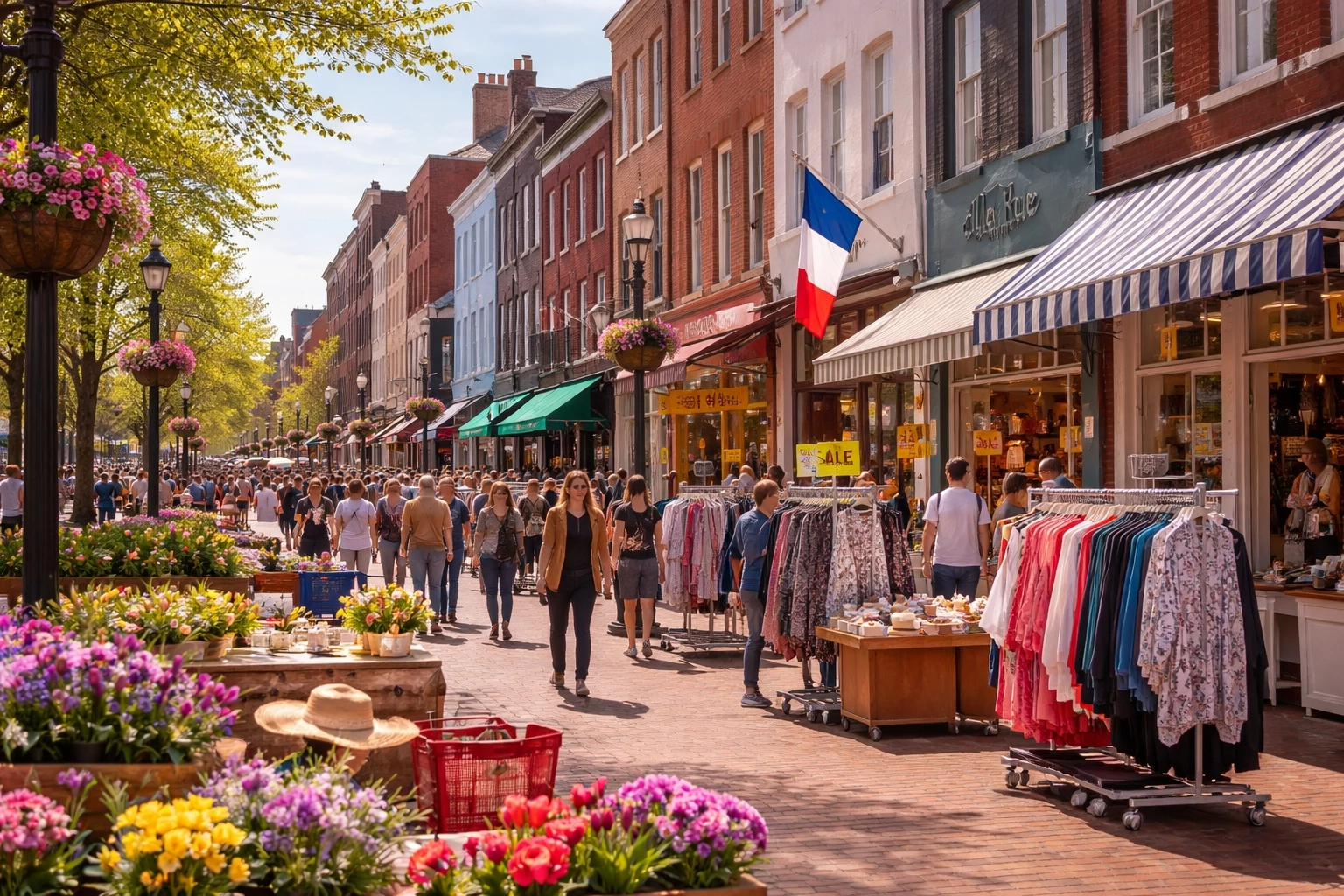 Shoppers walking along Wisconsin Avenue during the Georgetown French Market in Washington DC with boutique sidewalk sales and spring decorations.