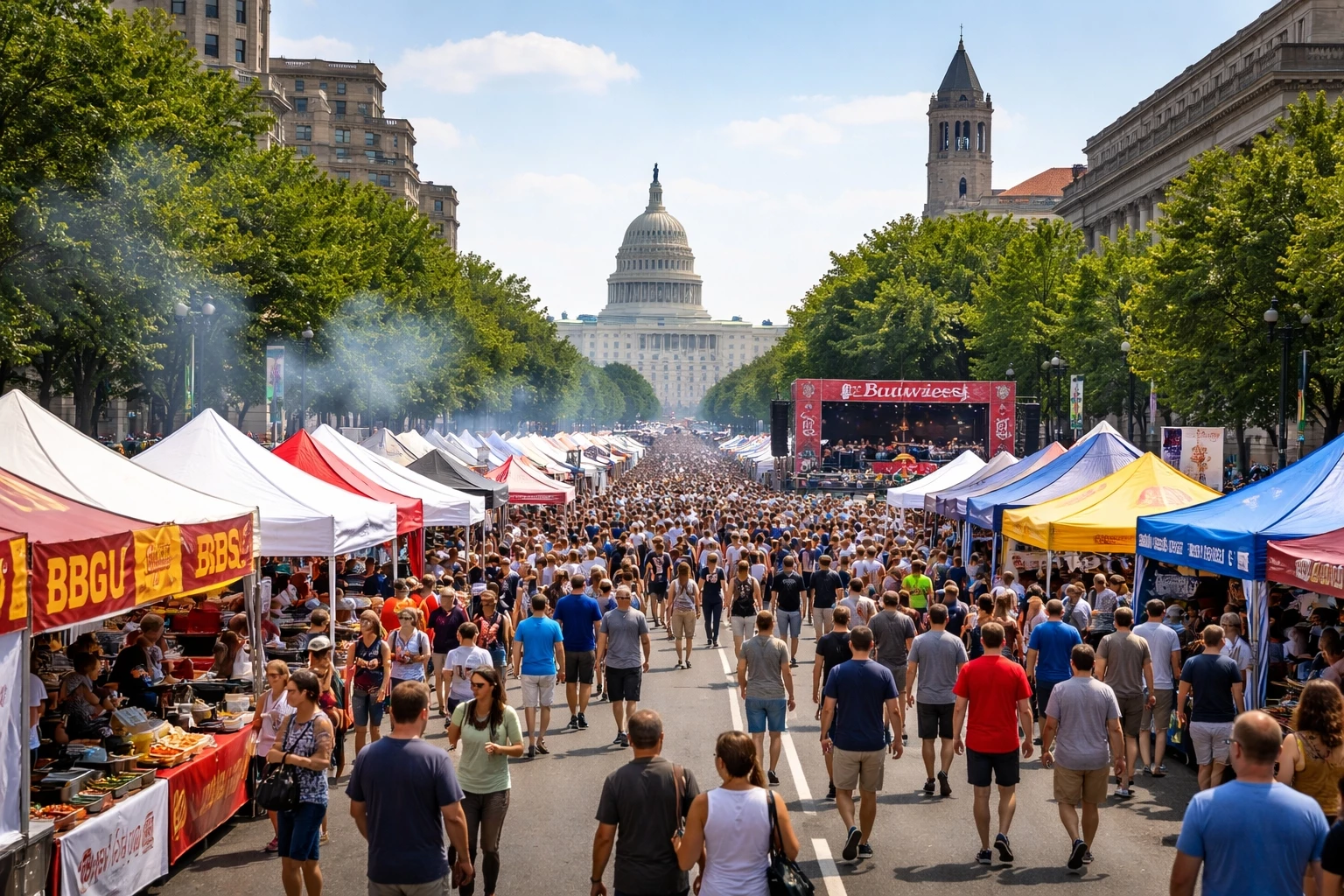 Crowds and barbecue vendors lining Pennsylvania Avenue during the Giant National Capital BBQ Battle in Washington DC near the White House.