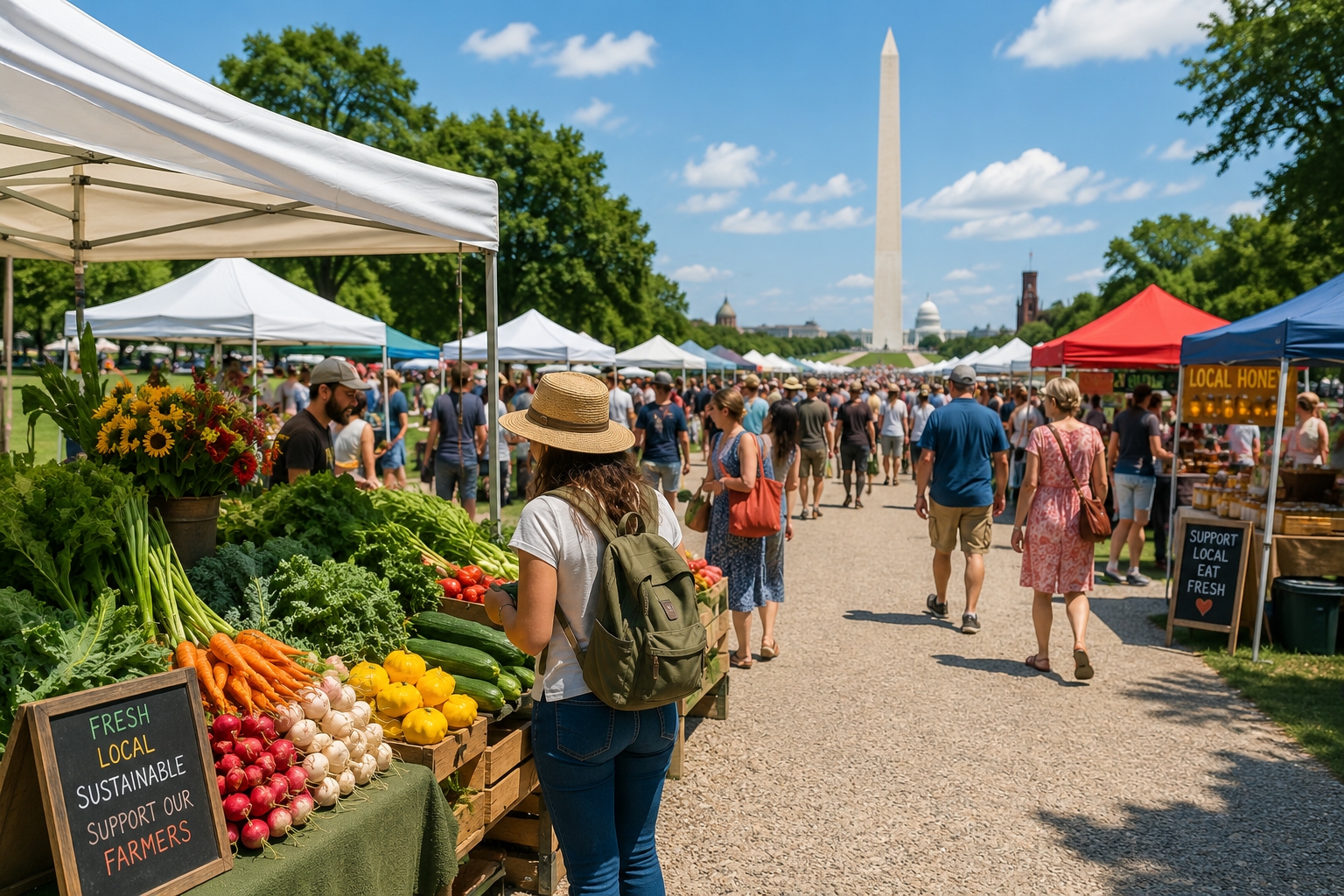 Visitors browse produce and artisan stalls at a summer farmers market on the National Mall in Washington DC for the Great American Farmers Market 2026.