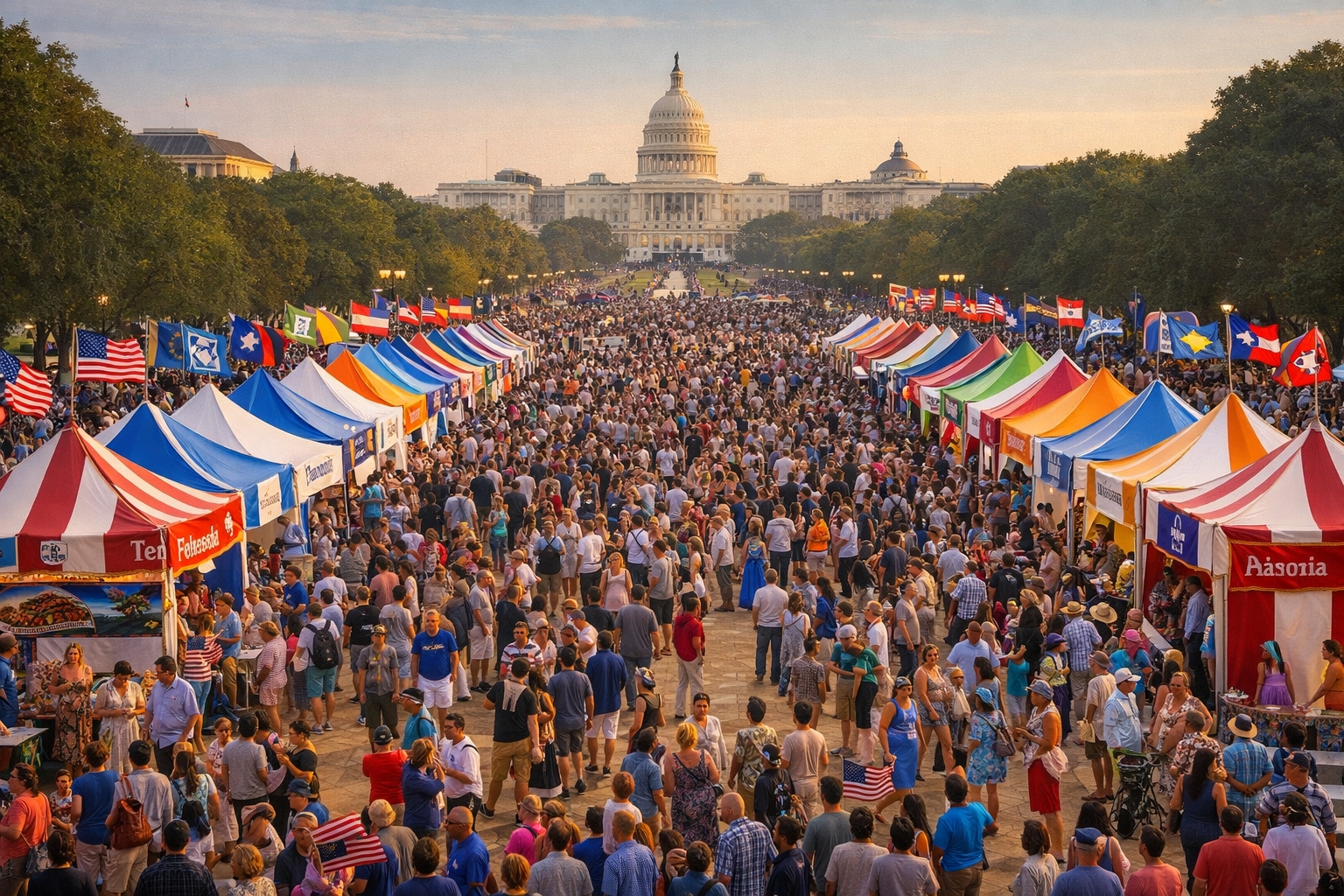Great American State Fair tents on the National Mall showcasing all 50 states during DC250