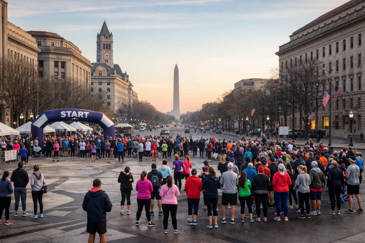 Runners gathering at Freedom Plaza in Washington DC for the HerStory 5K 2026 on Pennsylvania Avenue near the White House
