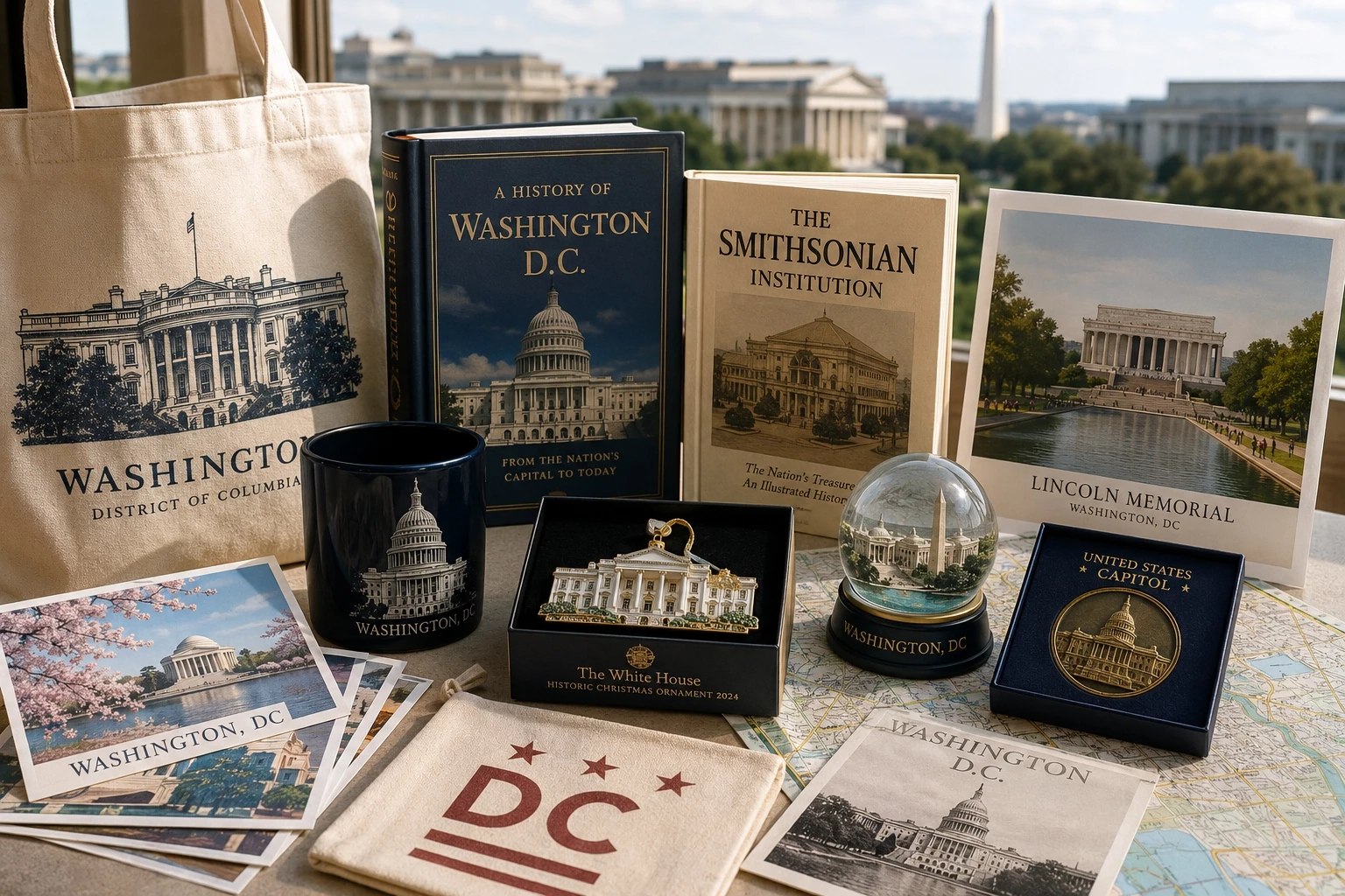 Historic souvenir shops in Washington DC represented by museum books, postcards, archival prints, and keepsakes from the capital