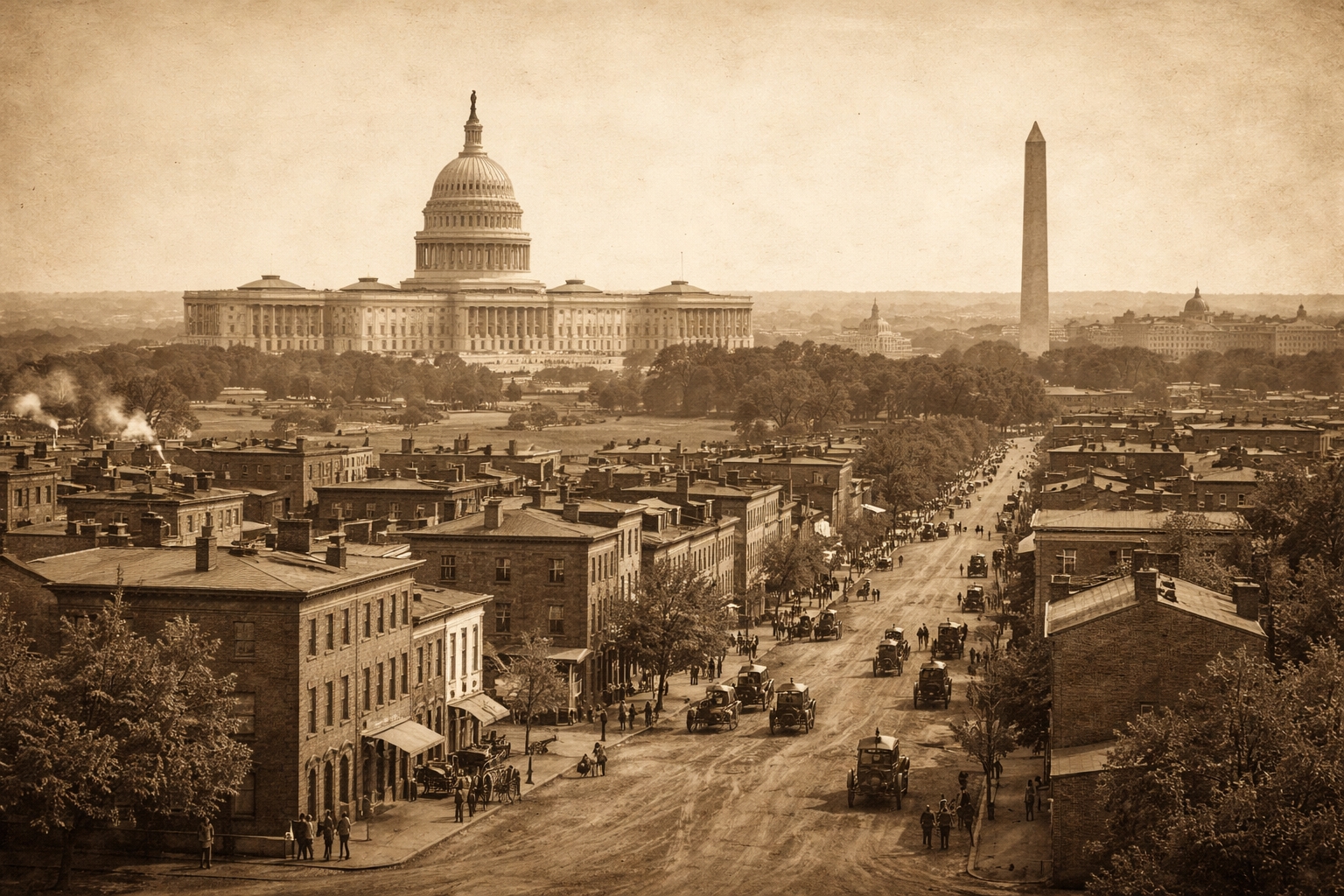 Sepia-toned historical view of Washington DC in the late 19th century featuring the US Capitol, Washington Monument, and early city streets with horse-drawn carriages
