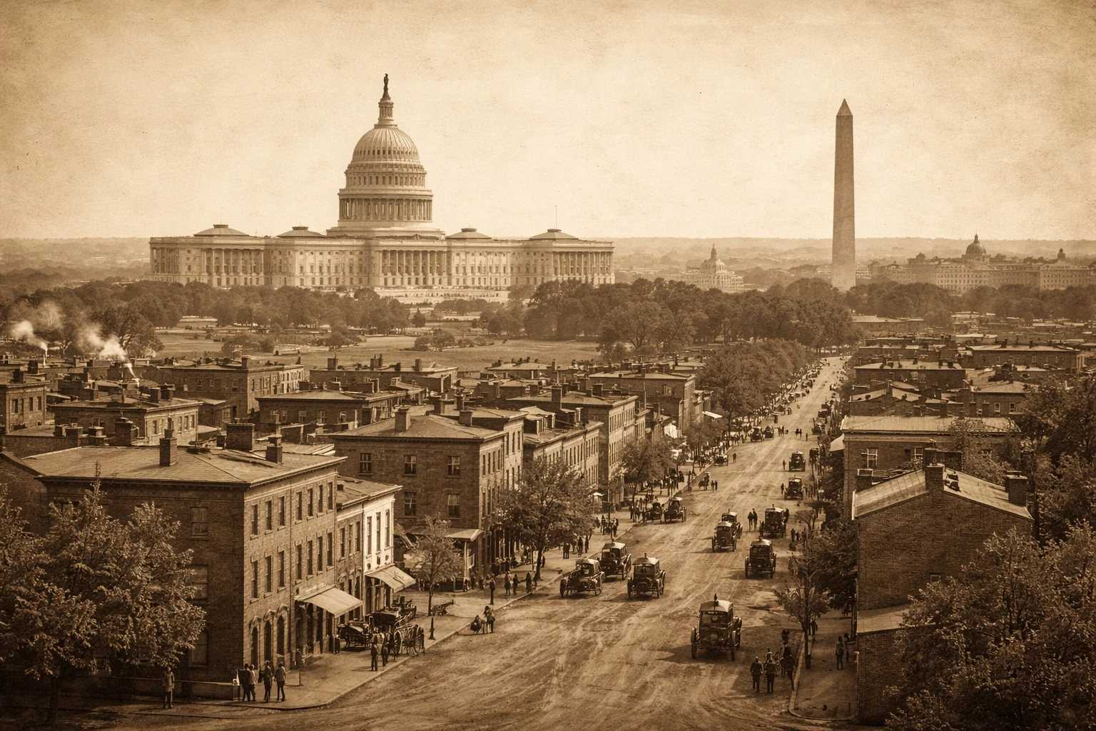 Sepia-toned historical view of Washington DC in the late 19th century featuring the US Capitol, Washington Monument, and early city streets with horse-drawn carriages
