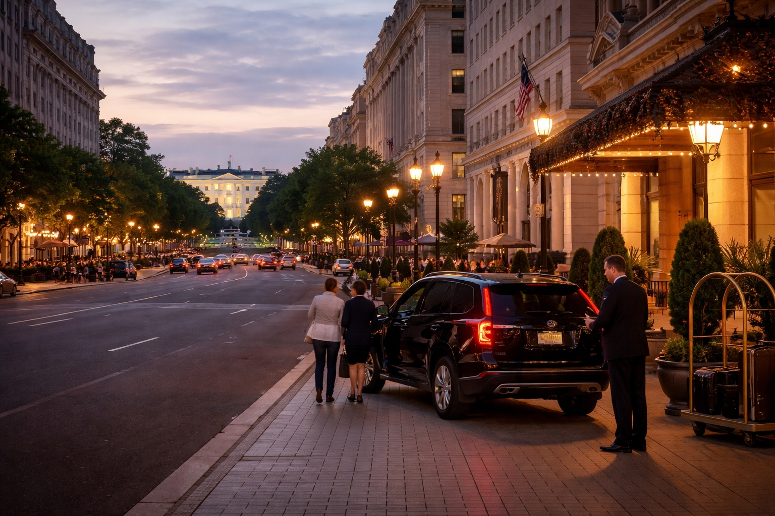 Downtown Washington DC hotel parking package near the White House with valet arrival area and evening cityscape