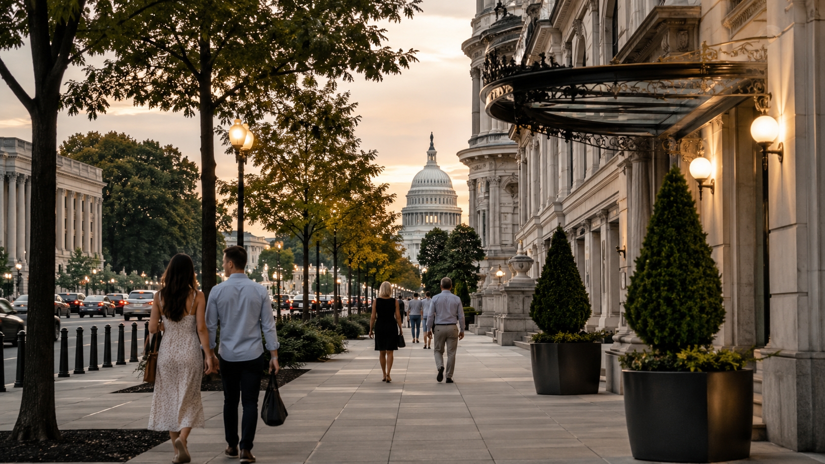 Travelers in downtown Washington DC near the White House for the Hotel Washington America 250 Experience