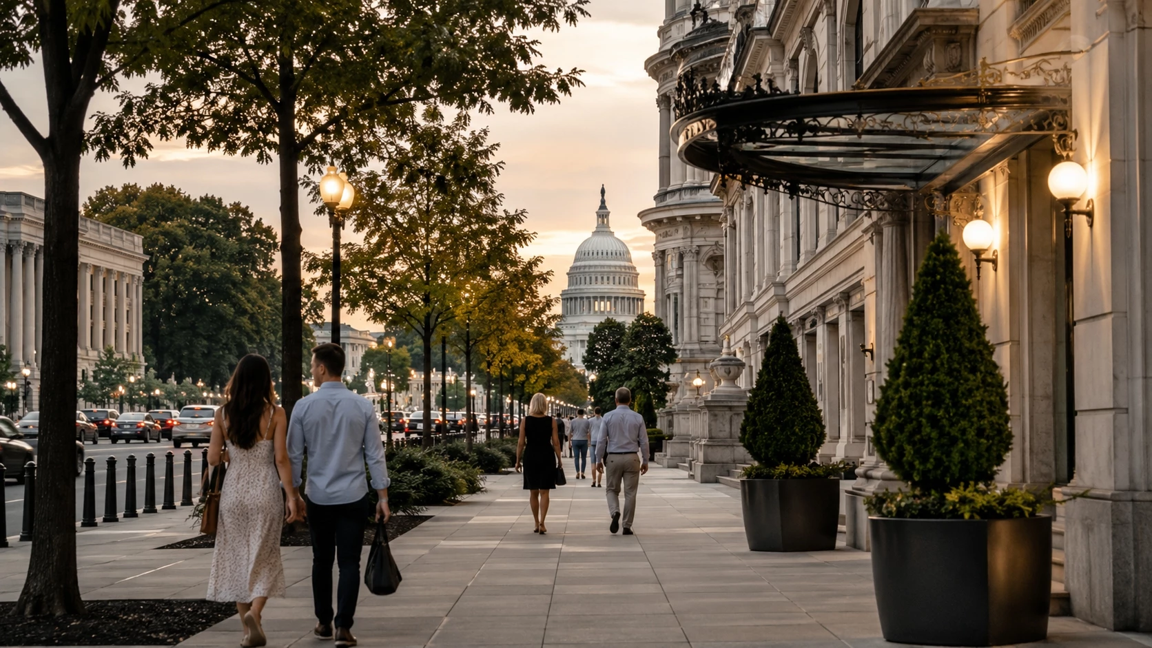 Travelers in downtown Washington DC near the White House for the Hotel Washington America 250 Experience