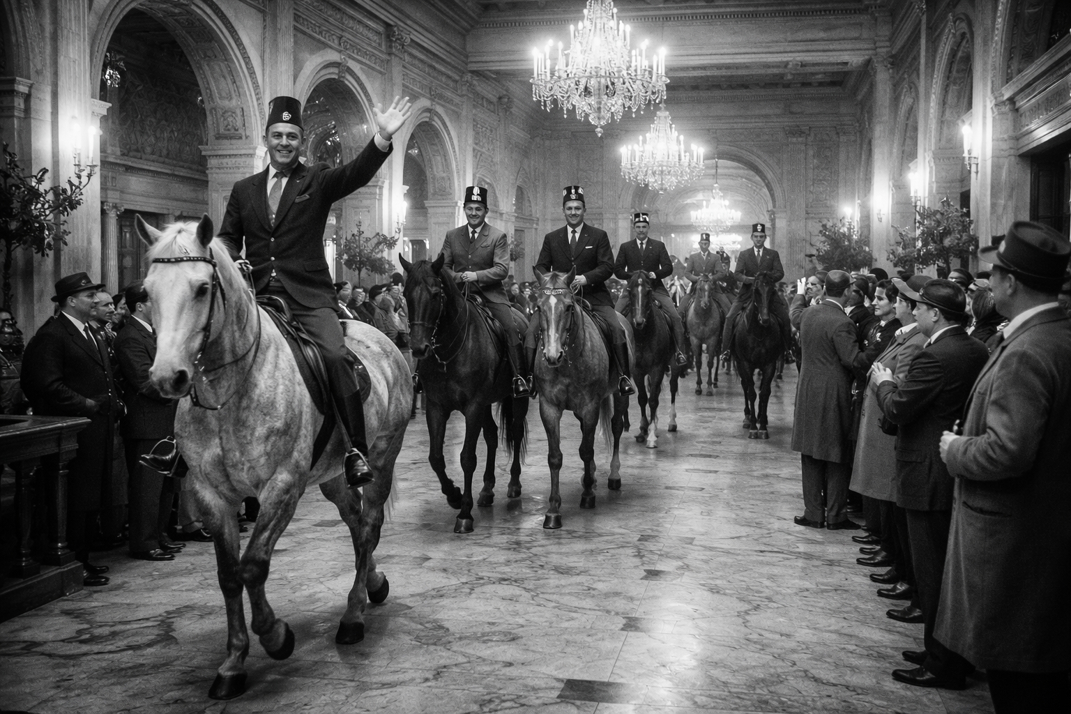 Shriners riding horses into Hotel Washington lobby on December 5, 1933 celebrating the end of Prohibition in Washington DC
