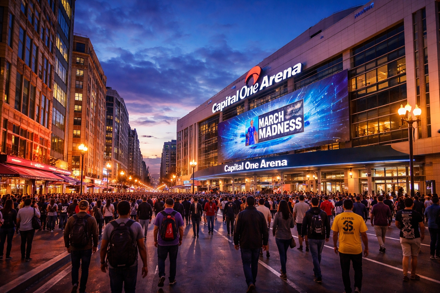 Crowds walking toward Capital One Arena in Washington DC during March Madness near downtown hotels