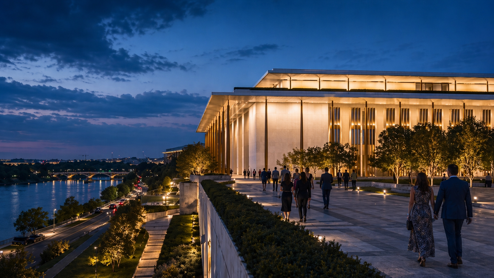 Evening view near the Kennedy Center in Washington DC showing the cultural district and a luxury travel atmosphere for visitors searching hotels near Kennedy Center.