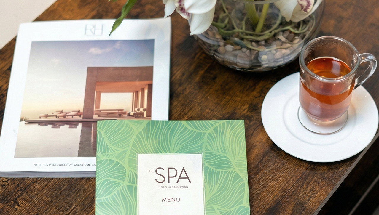 a menu and a vase of flowers on a table