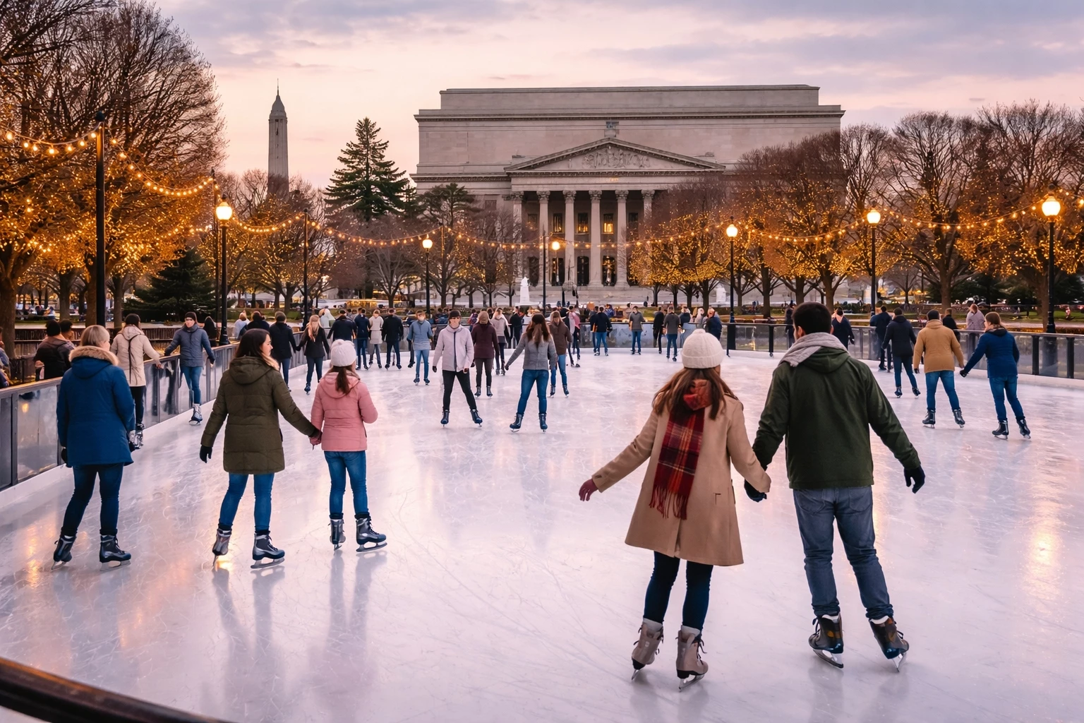 Outdoor ice skating rink in Washington DC during winter near downtown landmarks