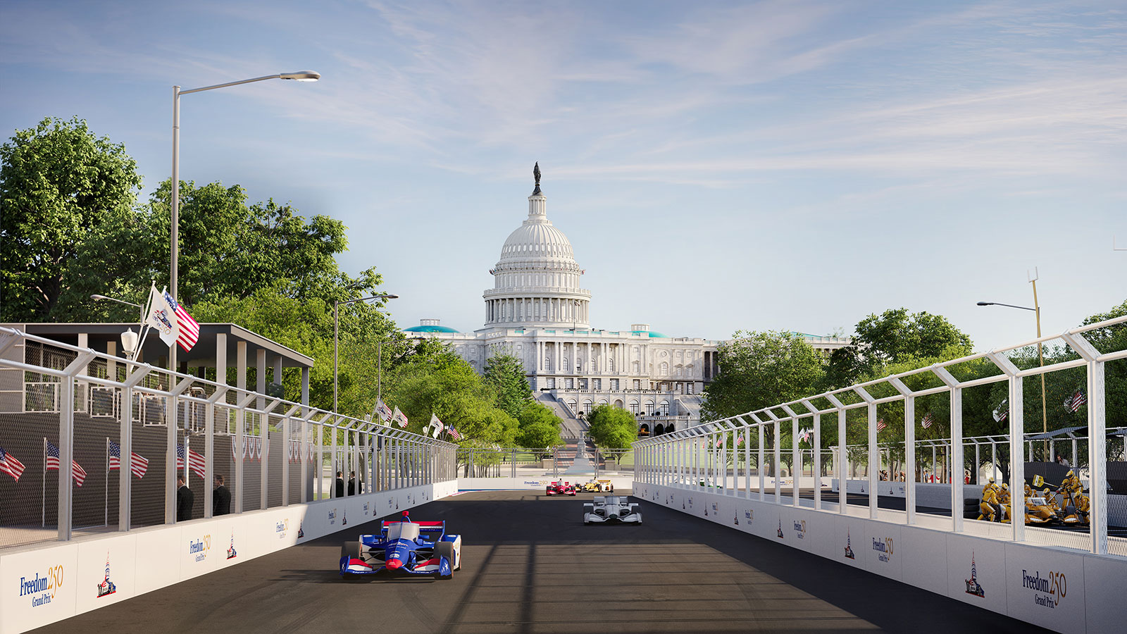 a race cars on a road with a white building in the background