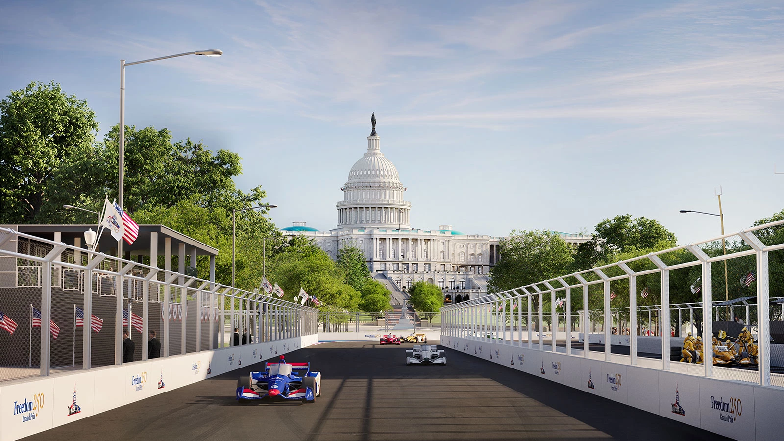 a race cars on a road with a white building in the background