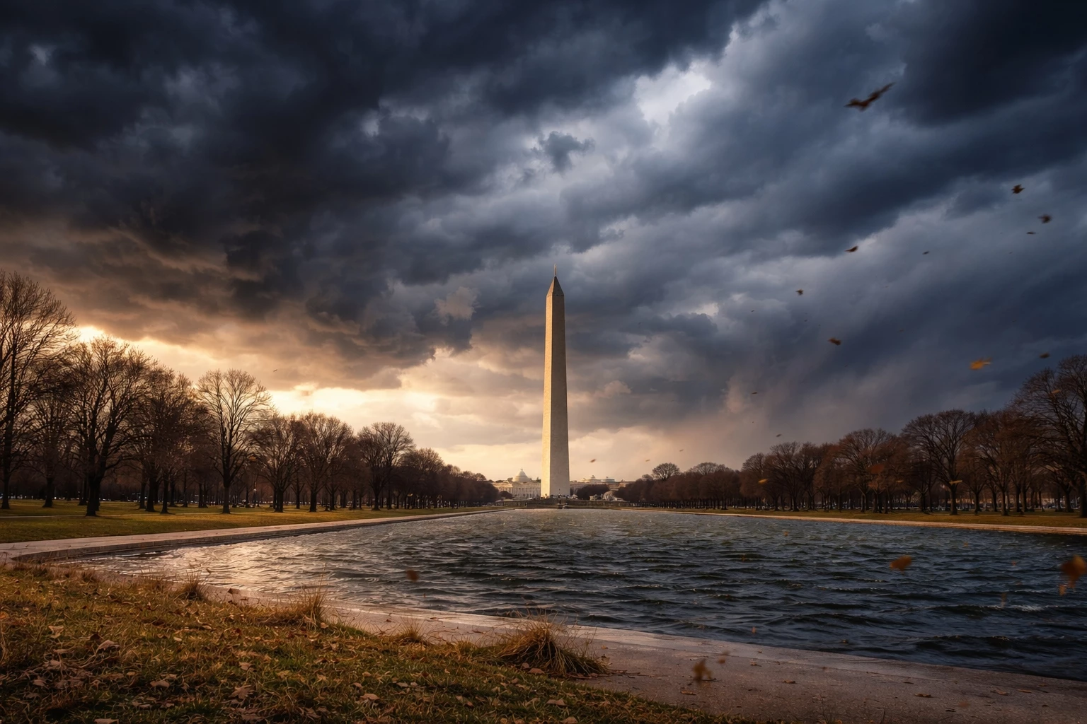 Stormy early March weather over the National Mall in Washington DC symbolizing the proverb in like a lion out like a lamb