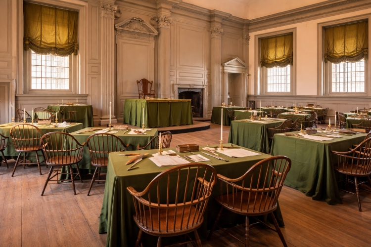 Assembly Room inside Independence Hall in Philadelphia where the Declaration of Independence was debated and adopted in 1776
