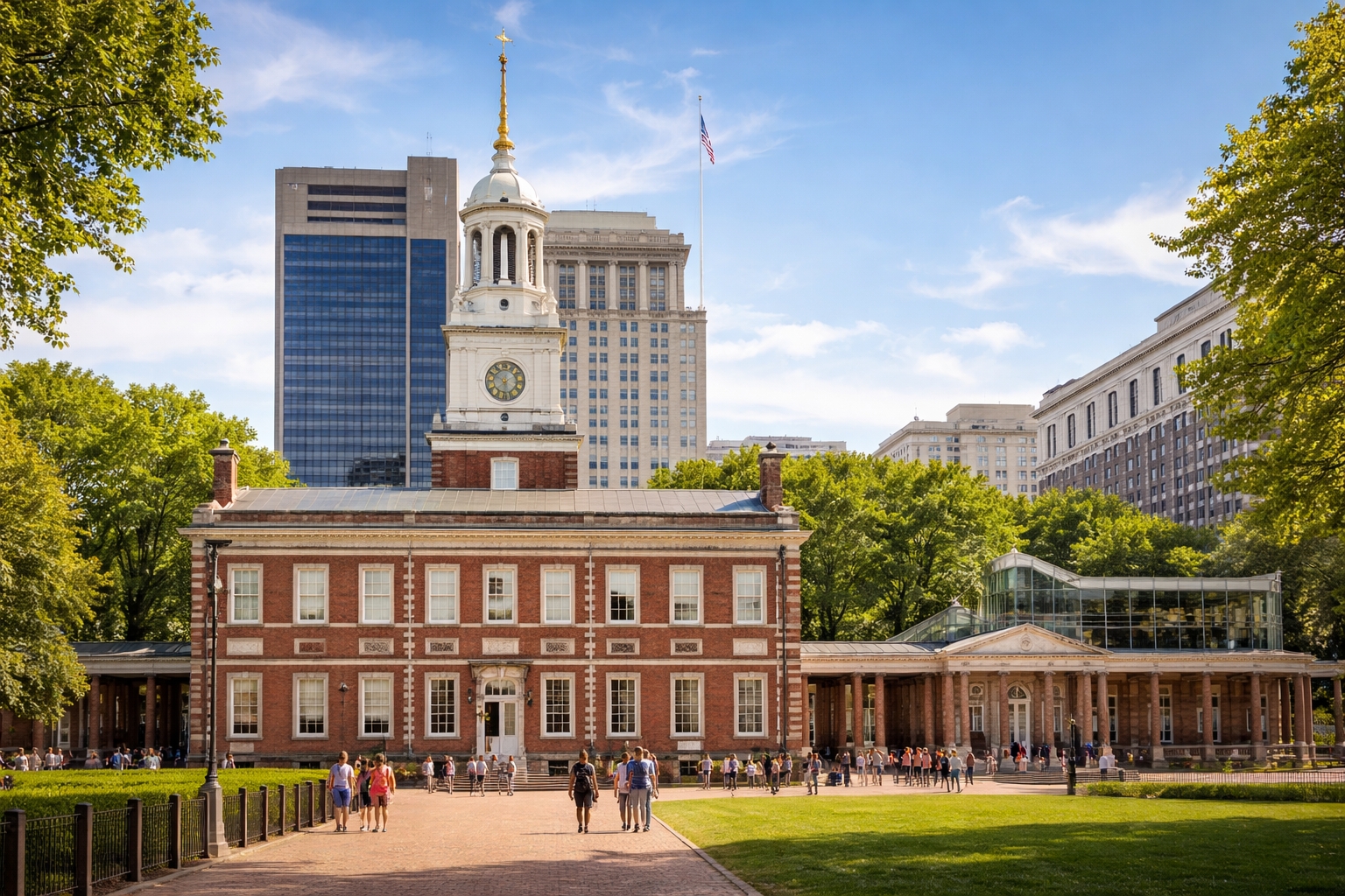 Independence Hall and the Liberty Bell Center in Philadelphia representing the birthplace of American independence.