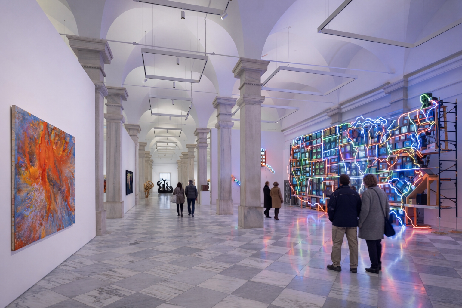 Historic indoor museum interior in Washington DC with visitors exploring exhibits during a rainy or snowy winter day
