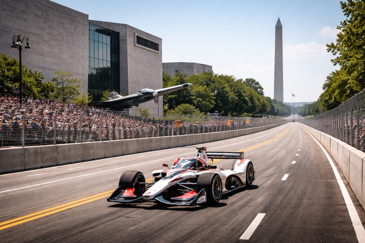 IndyCar racing past the Smithsonian National Air and Space Museum during the Freedom 250 Grand Prix in Washington DC.