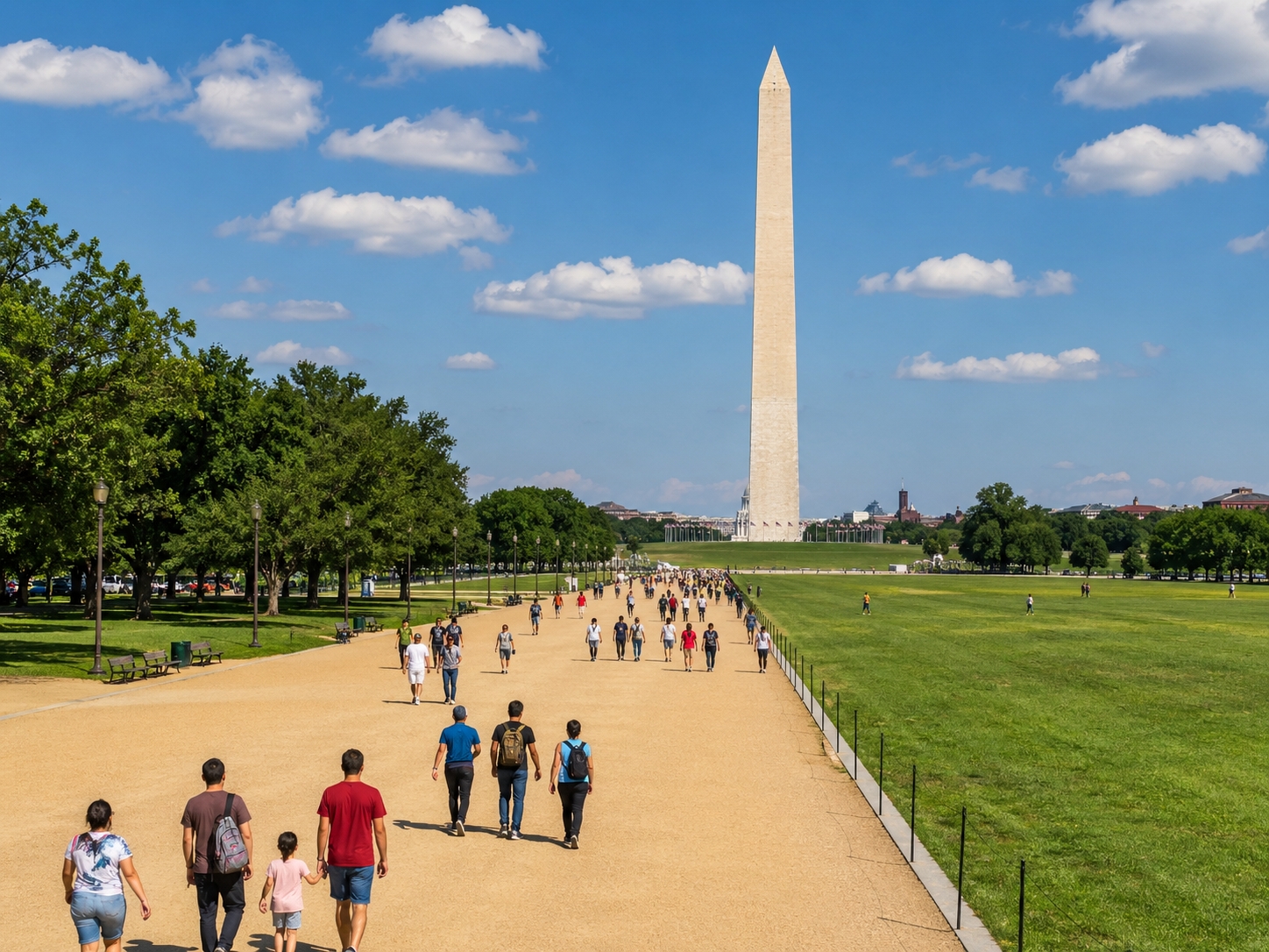 The National Mall in Washington DC with the Washington Monument, open lawns, and visitors walking between historic landmarks.