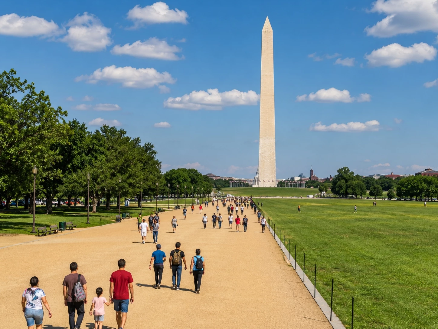 The National Mall in Washington DC with the Washington Monument, open lawns, and visitors walking between historic landmarks.