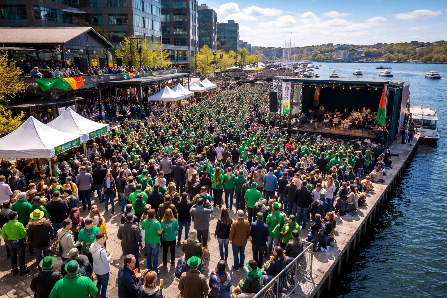 Crowd celebrating St. Patrick’s Day at Ireland at The Wharf festival in Washington DC with live Irish music, waterfront views, and people wearing green along the marina promenade.