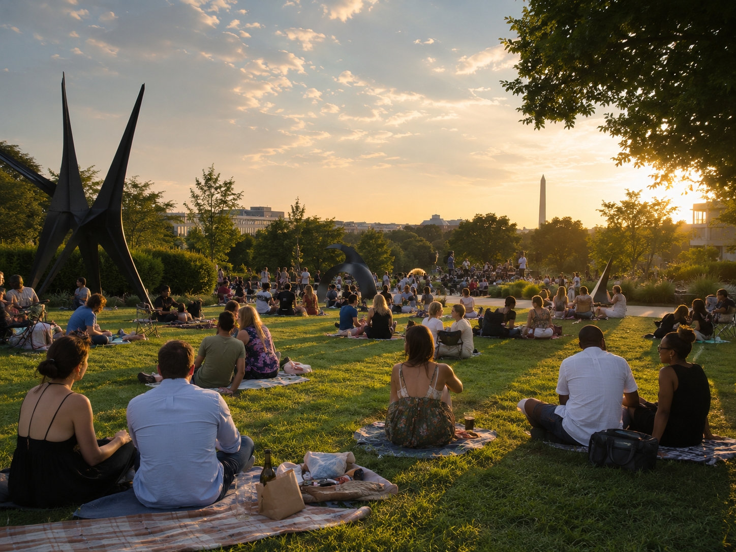 Visitors enjoying Jazz in the Garden 2026 during a free summer evening concert at the National Gallery of Art Sculpture Garden in Washington DC