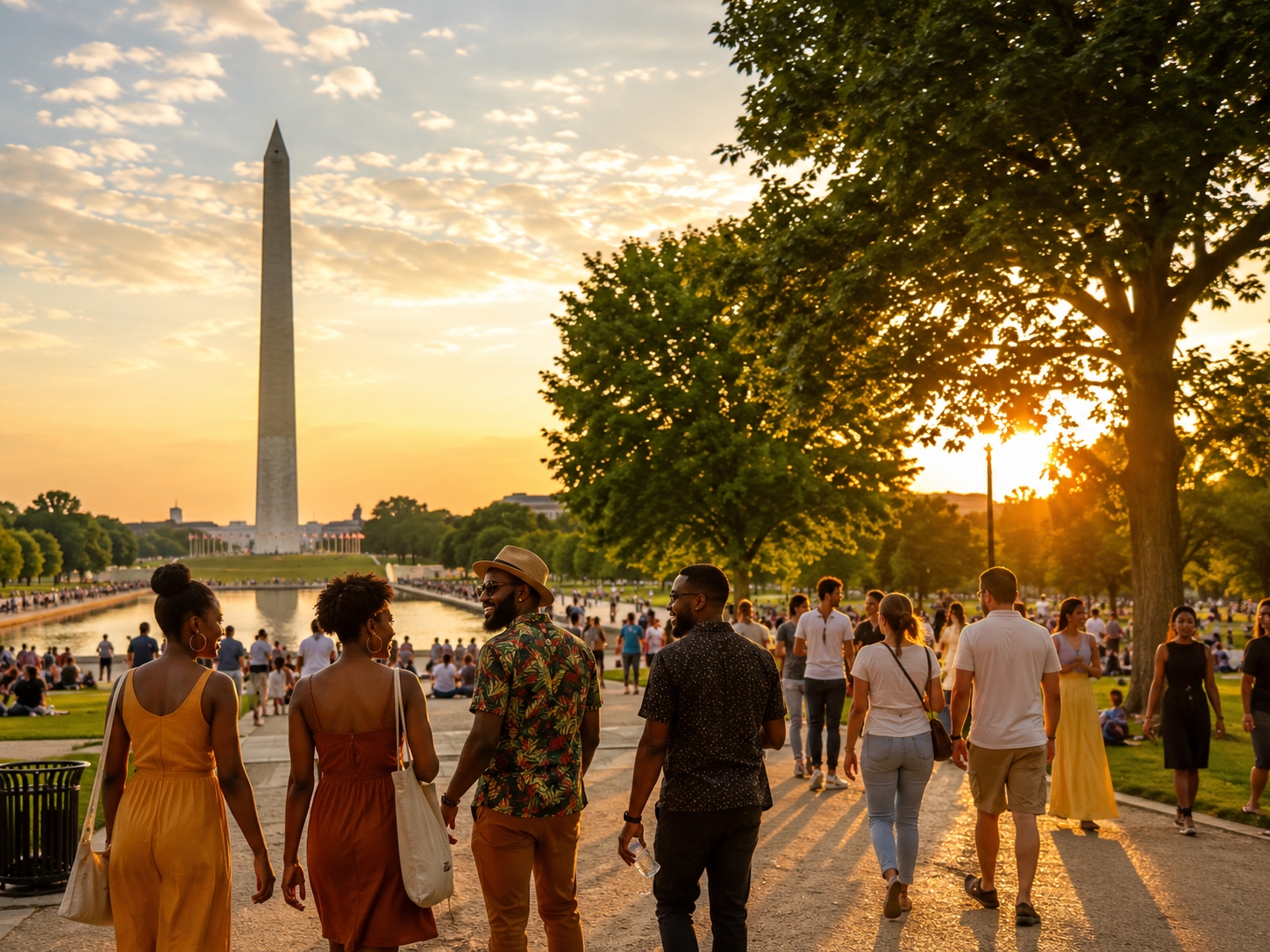 Visitors gathering near the National Mall during Juneteenth weekend in Washington DC with the Washington Monument in the background
