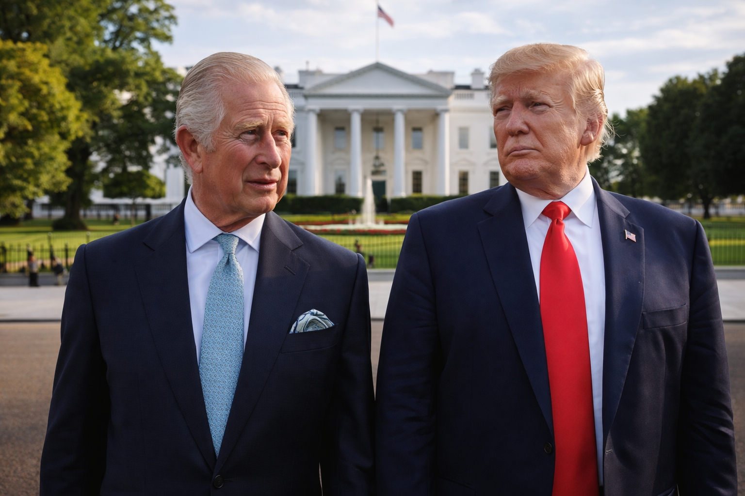 King Charles III and President Donald Trump standing outside the White House in Washington DC during a British royal visit