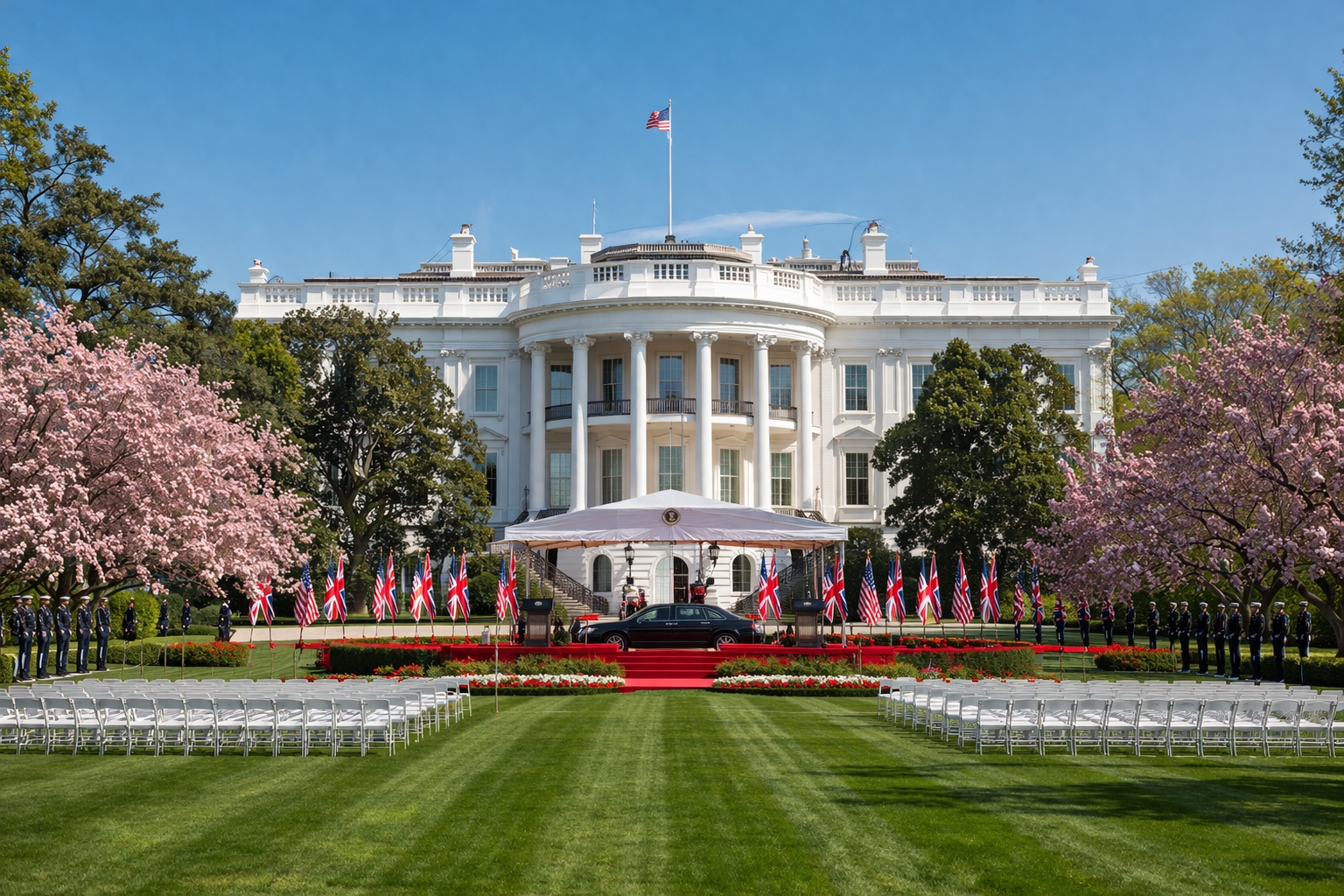White House South Lawn prepared for royal state visit in Washington DC during spring 2026 with ceremonial setting and blooming trees