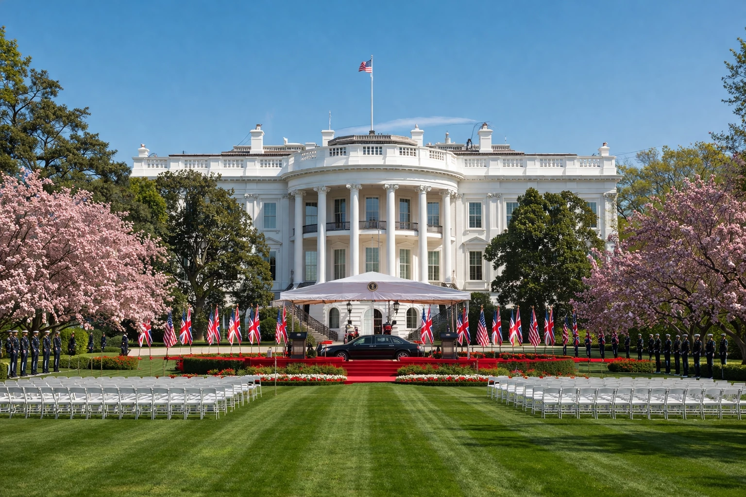 White House South Lawn prepared for royal state visit in Washington DC during spring 2026 with ceremonial setting and blooming trees