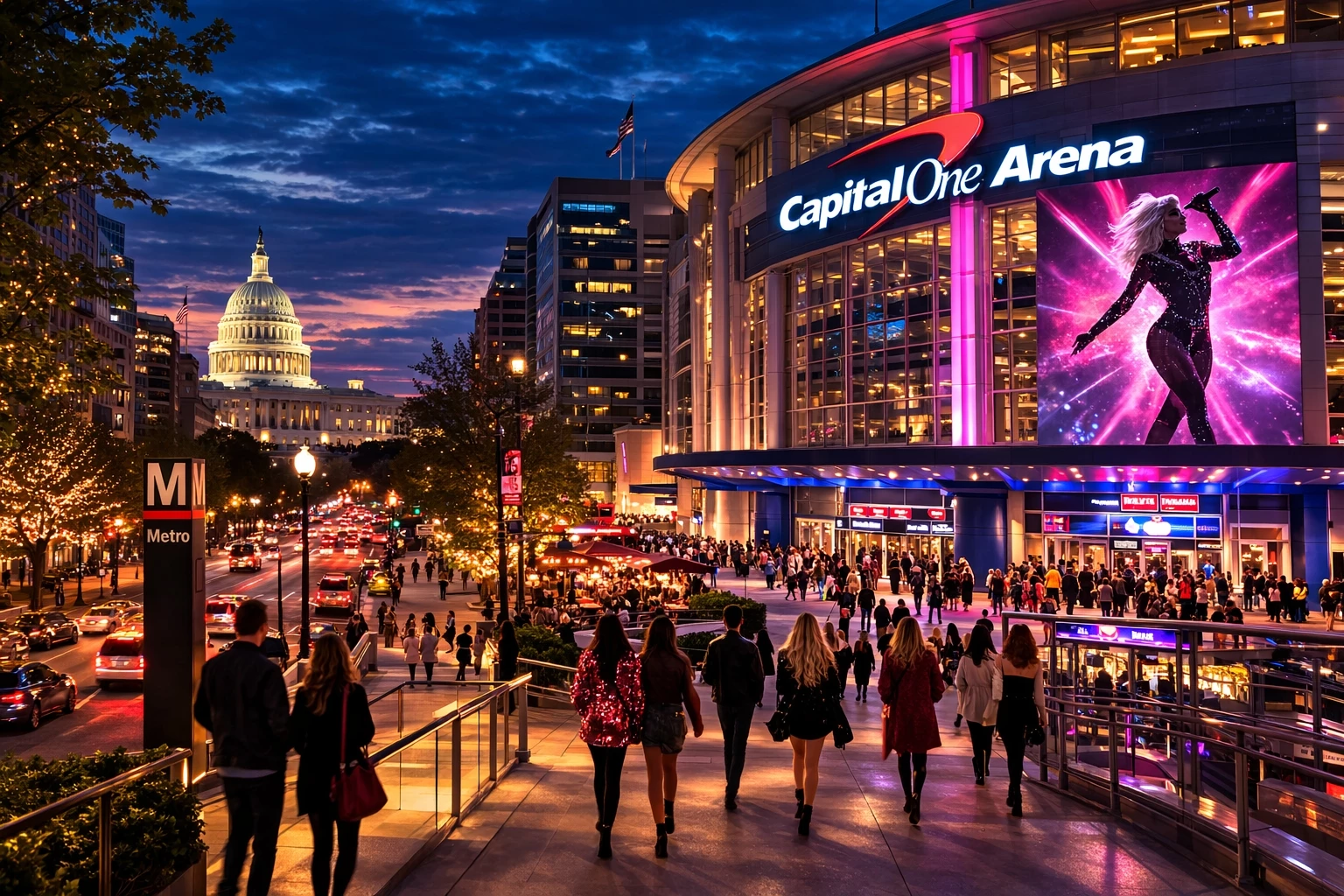Downtown Washington DC at night near Capital One Arena during Lady Gaga Mayhem Ball Tour with concert crowds walking toward the venue in early spring.