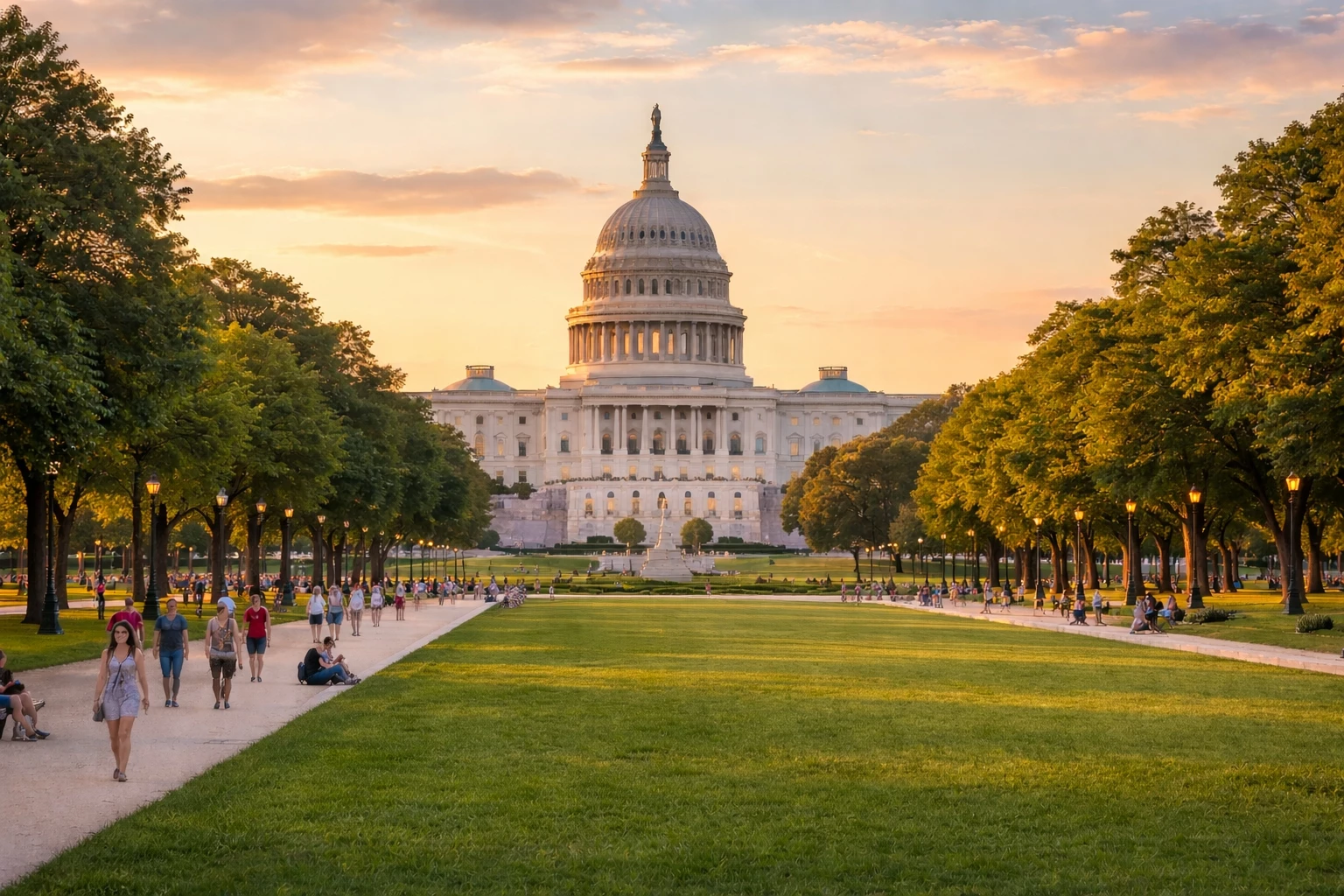 Leisure travel in Washington DC featuring the National Mall, Washington Monument, and walkable landmarks at sunset