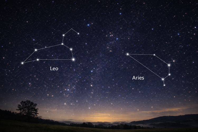 Constellations Leo and Aries in the night sky representing one theory behind the lion and lamb March proverb