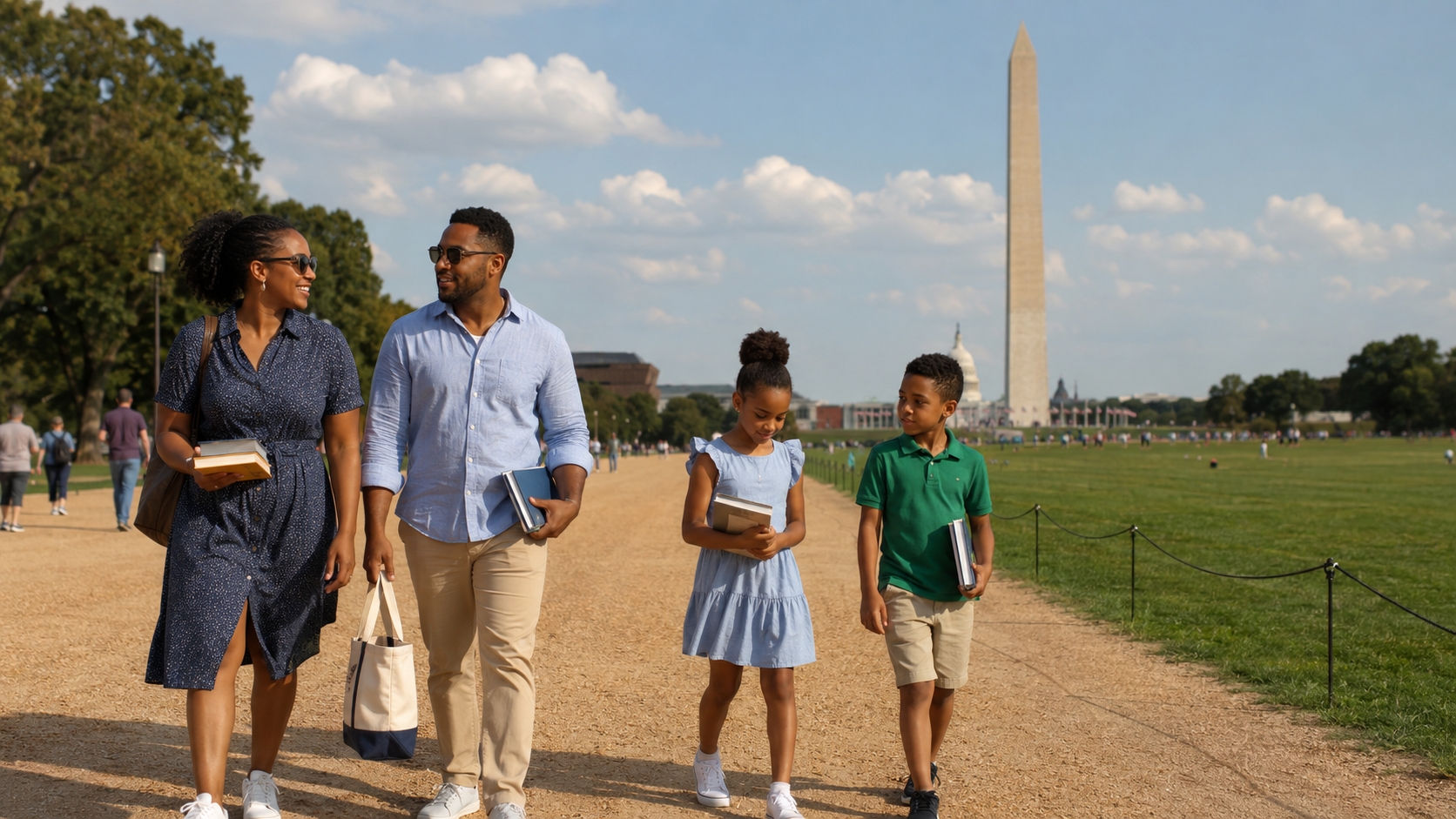 Family with children carrying books near the National Mall, representing a Library of Congress National Book Festival 2026 trip to Washington DC.