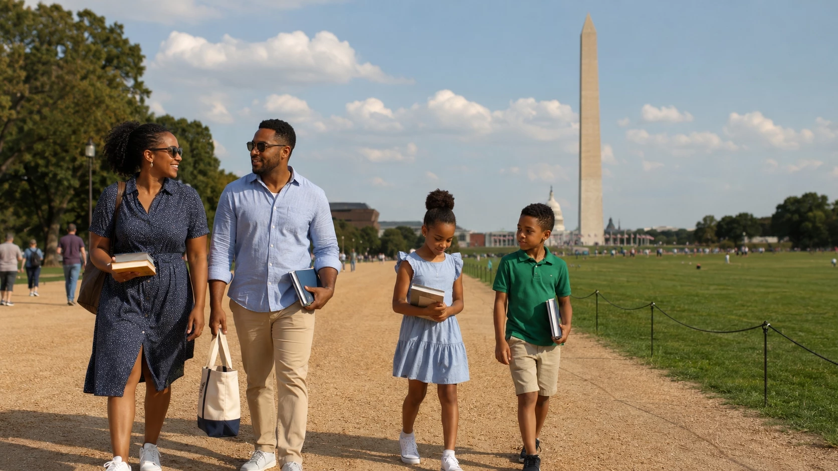 Family with children carrying books near the National Mall, representing a Library of Congress National Book Festival 2026 trip to Washington DC.