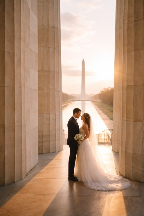 Couple having a first look at the Lincoln Memorial in Washington DC with marble columns and sunrise light