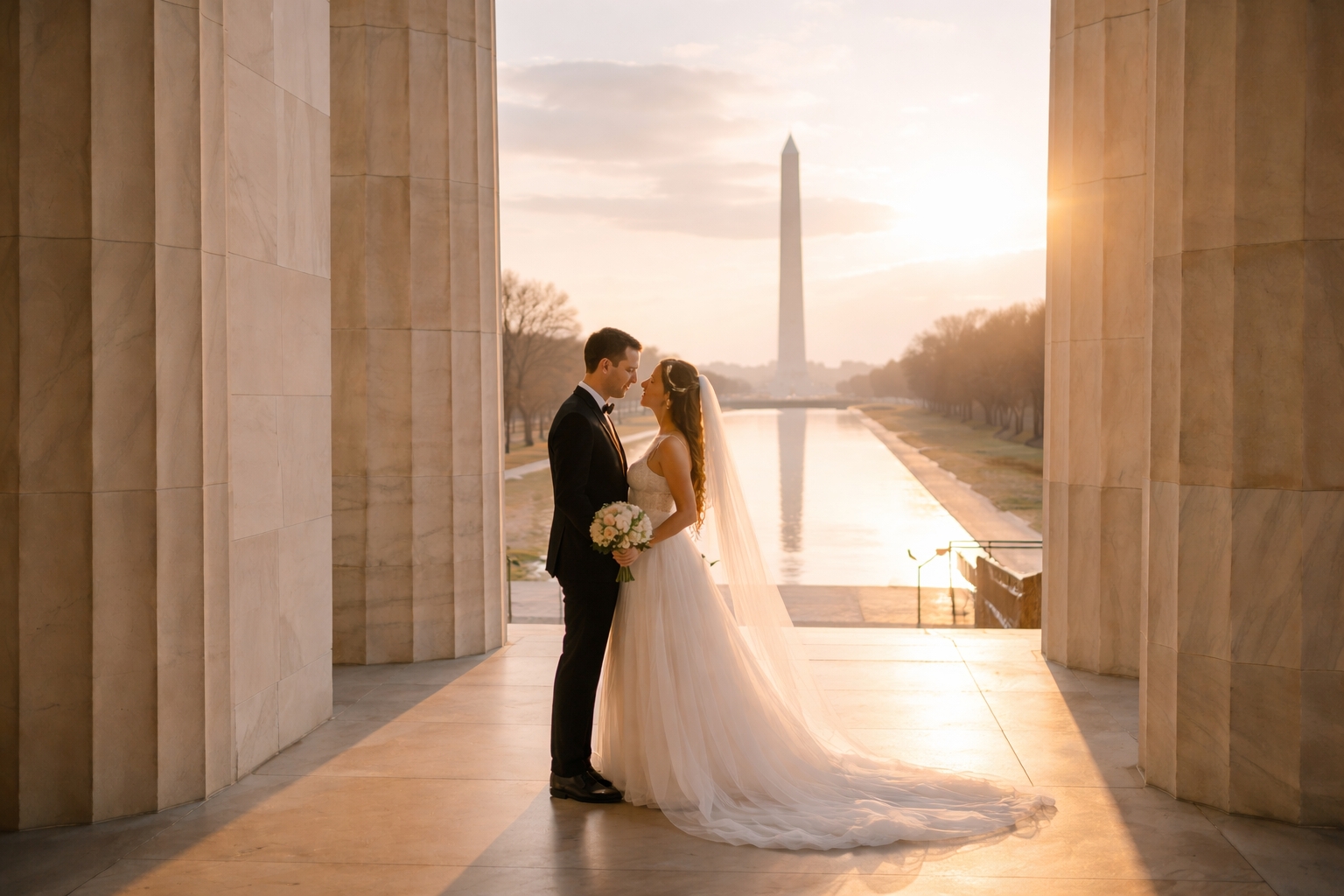 Couple having a first look at the Lincoln Memorial in Washington DC with marble columns and sunrise light