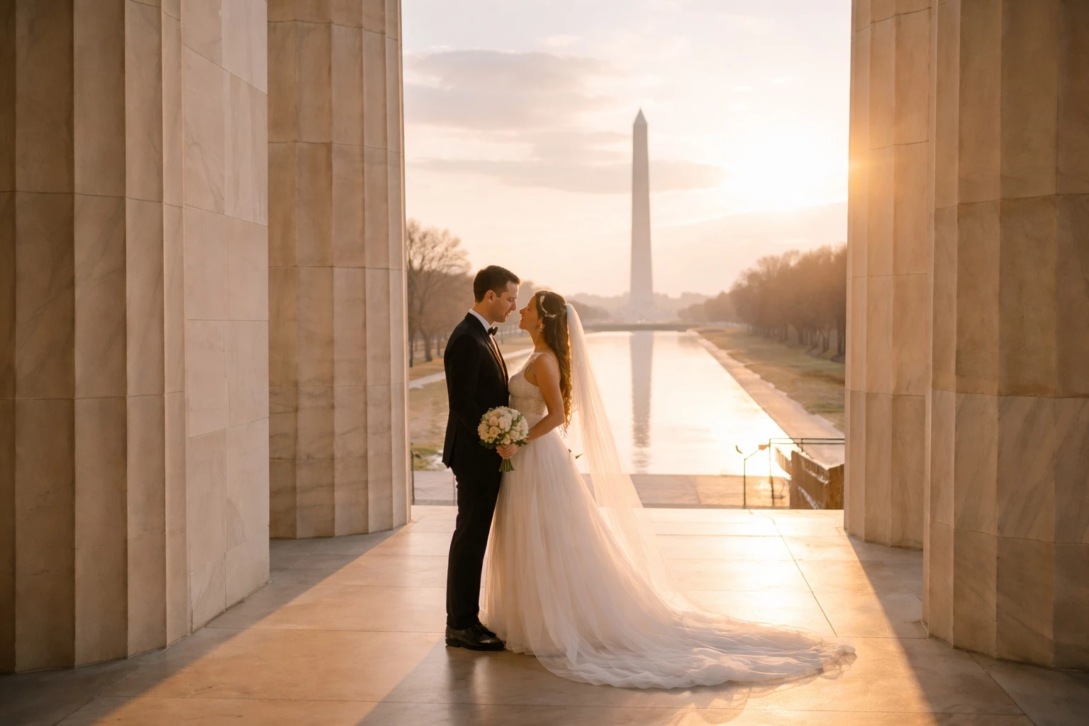 Couple having a first look at the Lincoln Memorial in Washington DC with marble columns and sunrise light