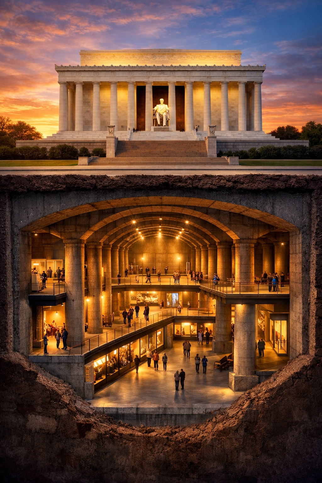 Cross section diagram of the Lincoln Memorial showing the underground undercroft museum space beneath the statue and columns