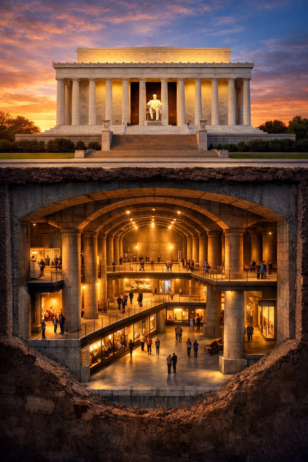 Cross section diagram of the Lincoln Memorial showing the underground undercroft museum space beneath the statue and columns