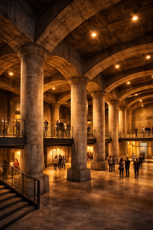Rendering of the Lincoln Memorial undercroft museum with glass walls immersive exhibits and visitors walking through gallery space