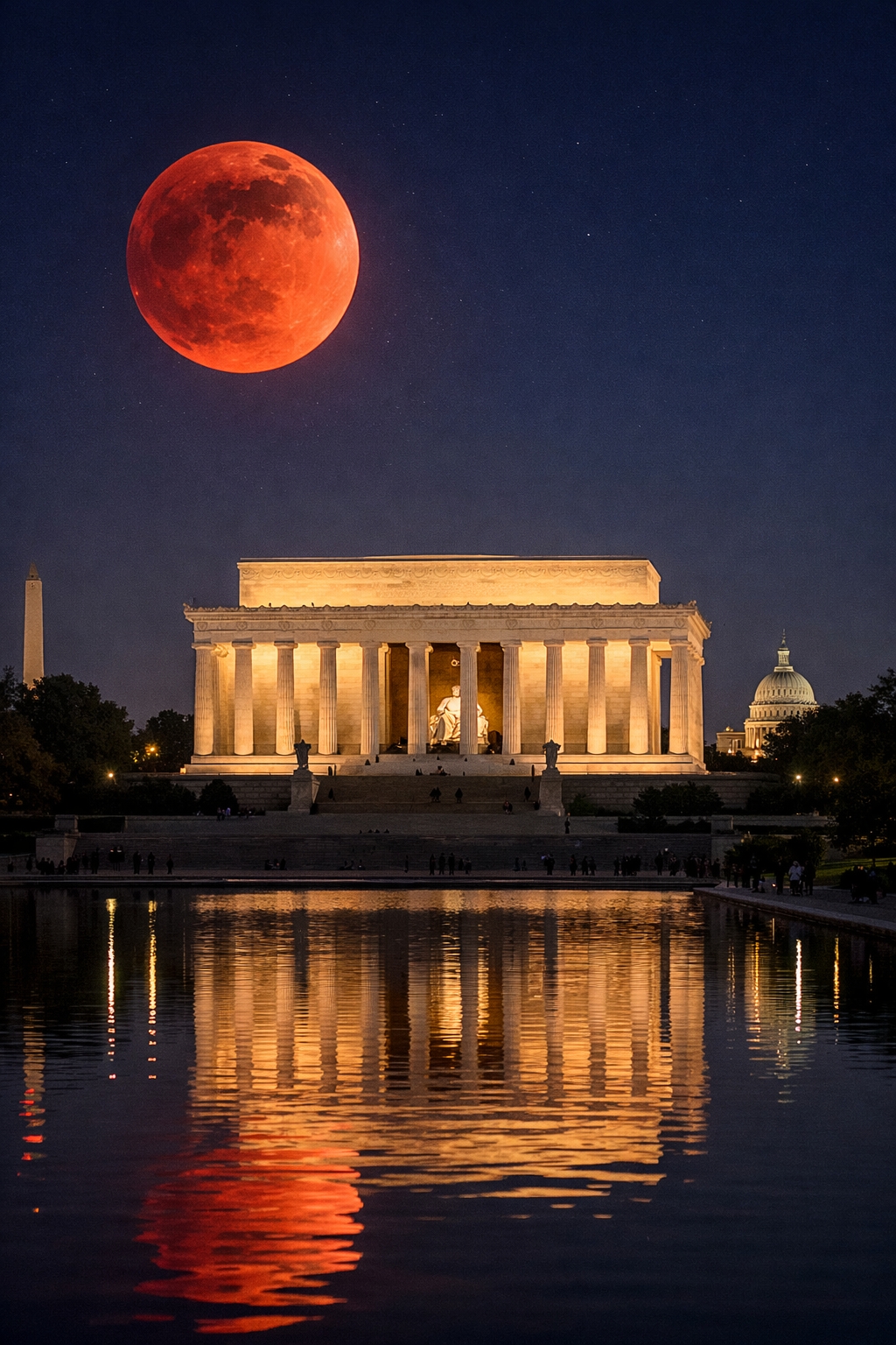 March 3 Blood Moon lunar eclipse over the Lincoln Memorial in Washington DC with red Moon above the National Mall skyline