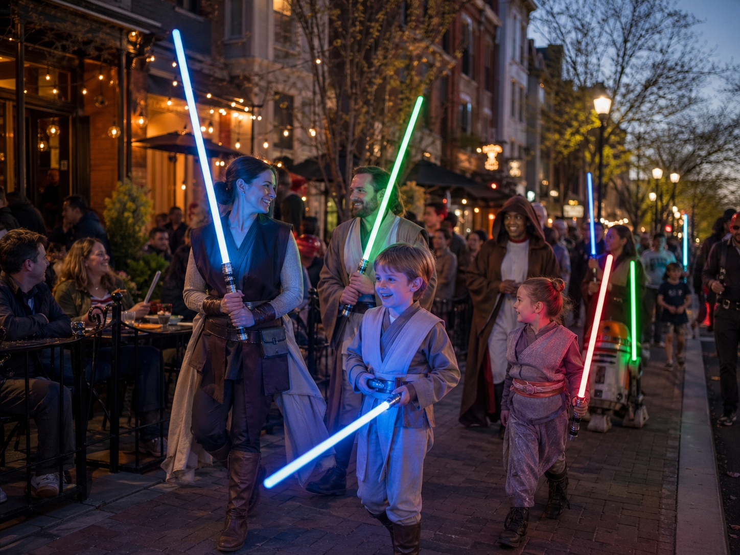 Star Wars fans with glowing lightsabers celebrating May the Fourth in Washington DC near Barracks Row during Star Wars Weekend.